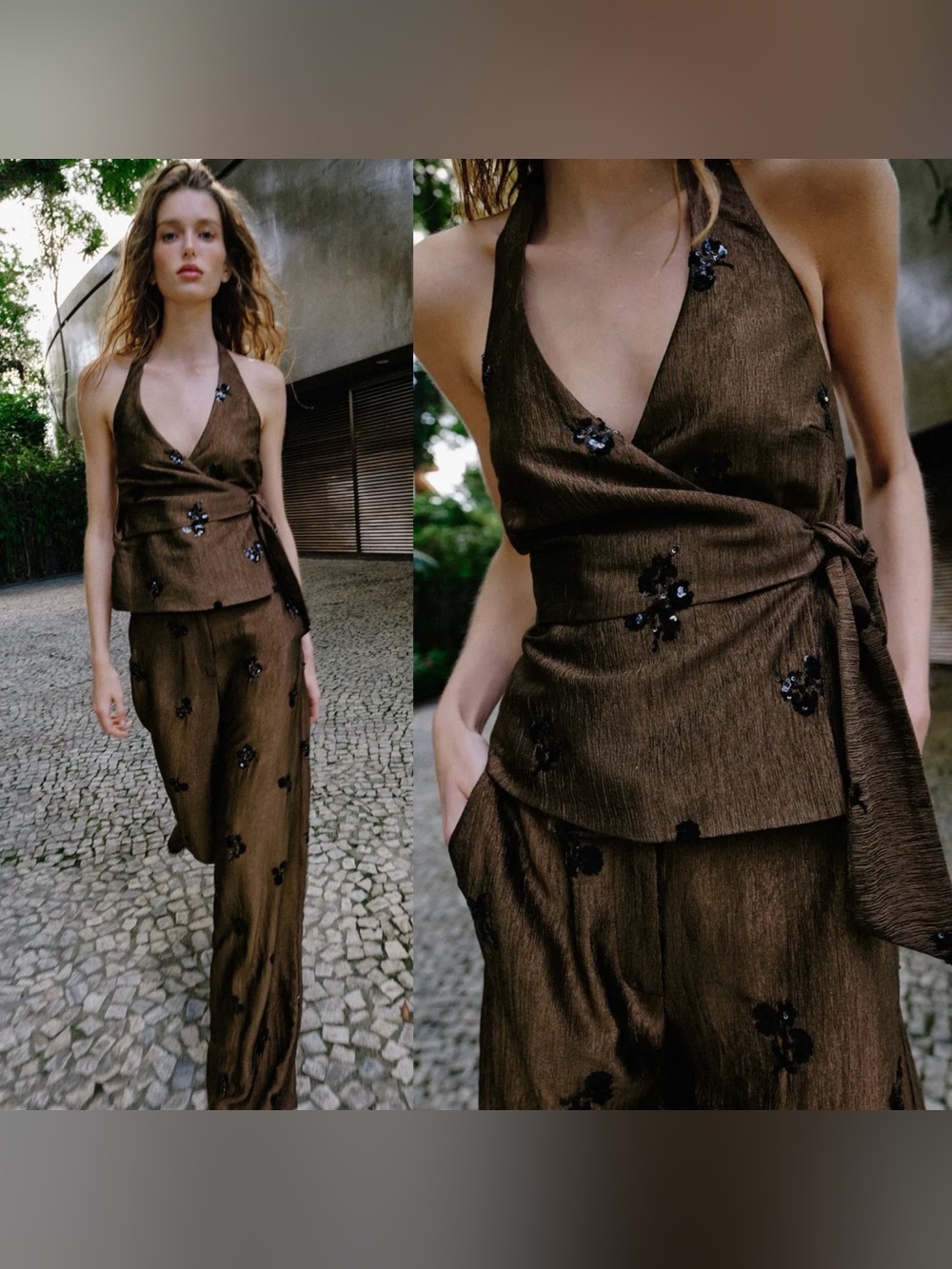 Zara Brown Sequin Halter Top Embellished Wrap Top size XS NWT